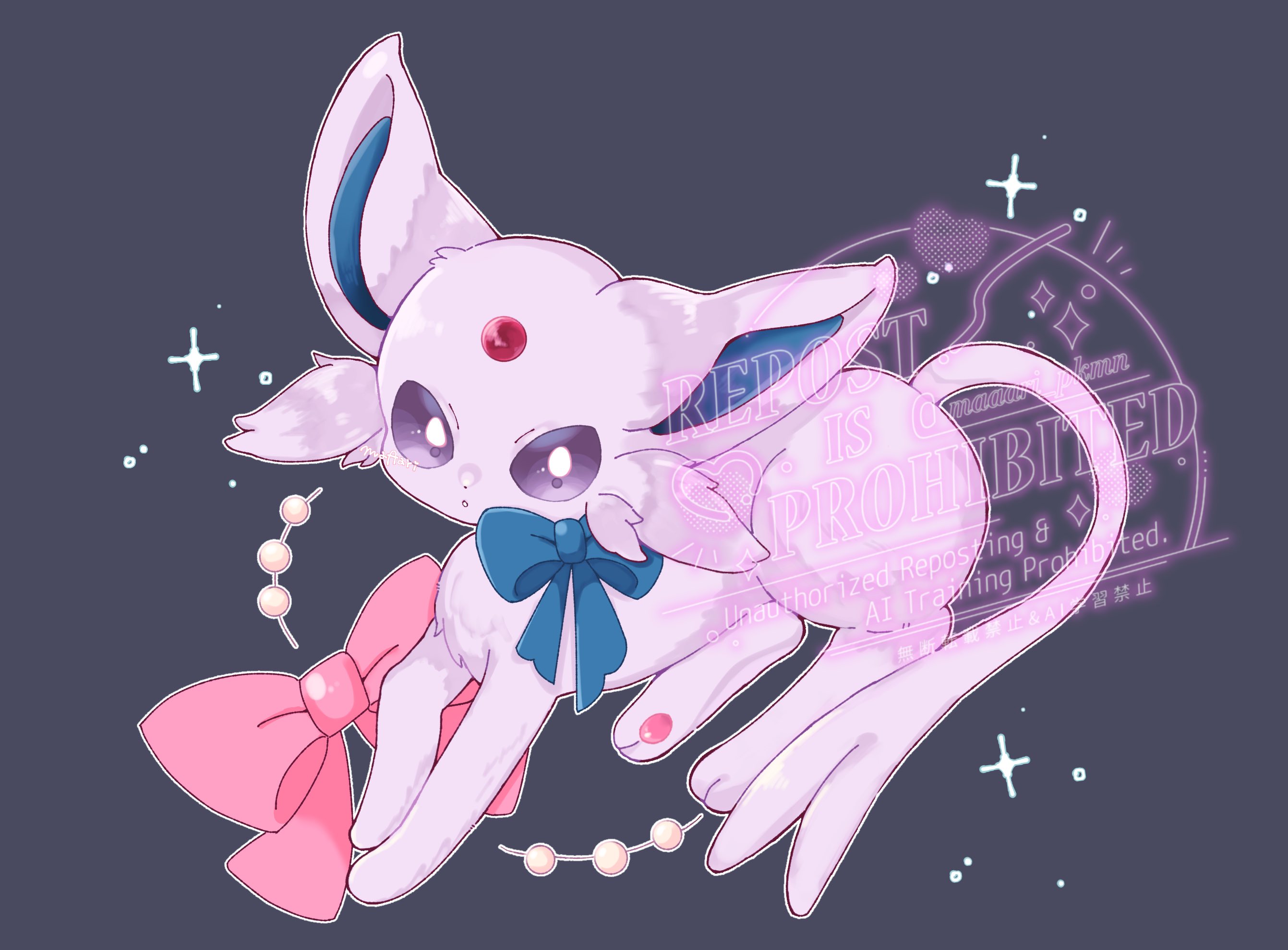 maaari pkmn, espeon, nintendo, pokemon, commentary, highres, symbol-only commentary, :o, animal focus, blue bow, bow, gen 2 pokemon, no humans, pink bow, pokemon (creature), pokemon focus, purple eyes, simple bird, solo