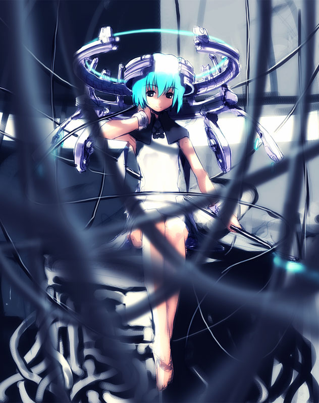 tagme, bow, cape, flat chest, mecha, robot, short hair, tube, wire