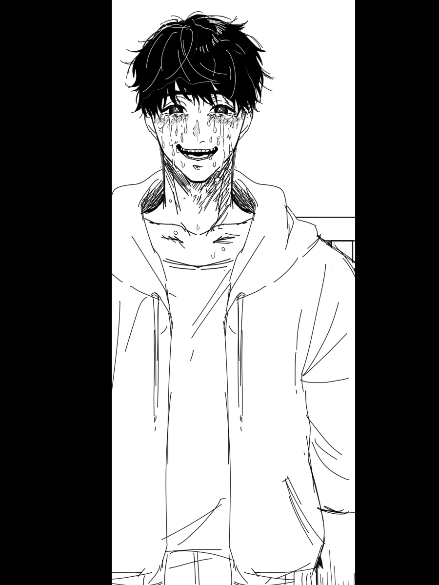 itoko (ldoll itk), original, commentary, translated, 1boy, black eyes, black hair, crazy eyes, crying, crying with eyes open, doorway, evil grin, evil smile, greyscale, grin, hood, hoodie, horror (theme), looking at viewer, monochrome, open clothes, open hoodie, peeking, pov, smile, stalking, streaming tears, tears, yandere
