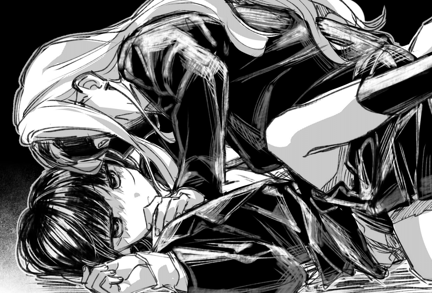 zenma trang, kirarazaka marina, kuze shizuka, takopii no genzai, commentary, hashtag-only commentary, highres, 2girls, black background, blazer, girl on top, greyscale, jacket, long hair, miniskirt, monochrome, multiple girls, open clothes, open jacket, parted lips, pleated skirt, pushing down, school uniform, shaded face, short hair, sidelocks, skirt, socks, very long hair, yuri