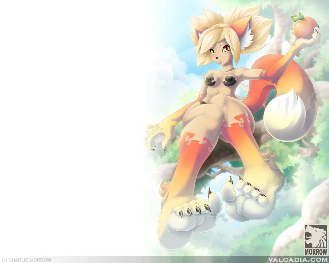 1girl, animal ears, animal hands, barefoot, breasts, feet, female focus, food, forest, fox ears, full body, furry, furry female, nature, nipples, outdoors, panties, short hair, soles, solo, spread toes, tail, toes, tree, underwear
