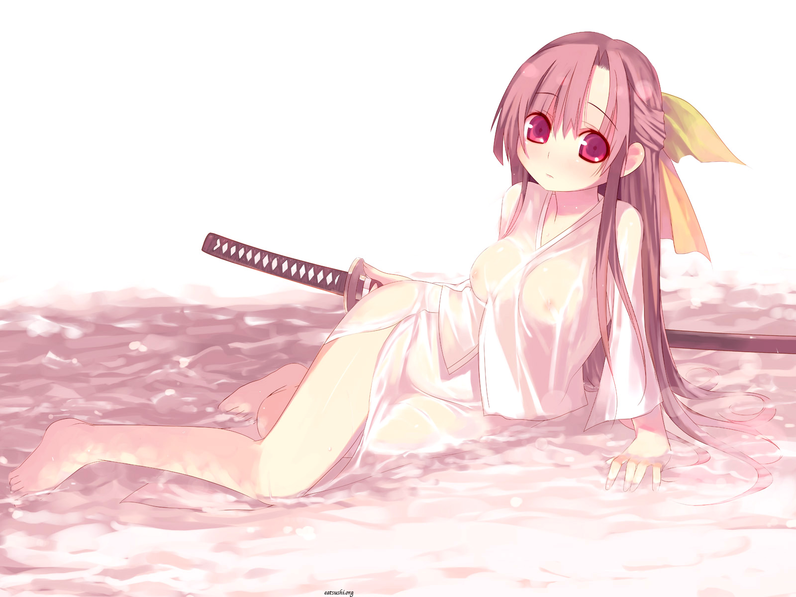 kashiwamochi yomogi, os-tan, highres, 1girl, blush, bow, breasts, long hair, see-through clothes, sword, weapon, wet