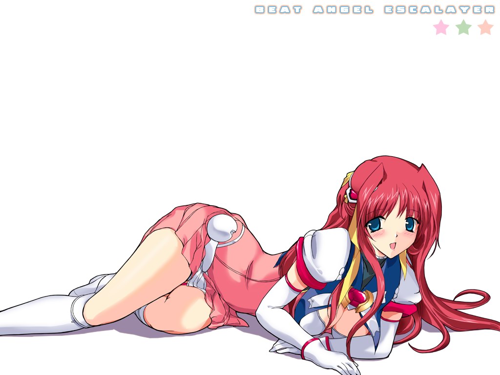 onigirikun, escalayer, kouenji sayuka, choukou (alicesoft), choukou tenshi escalayer, 00s, 1girl, :d, blue eyes, blush, boots, breasts, brooch, cleavage, cleavage cutout, clothing cutout, dress, elbow gloves, female focus, gloves, hair ornament, hair ribbon, high heels, jewelry, knee boots, long hair, lying, magical girl, no bra, on side, open mouth, pleated skirt, red hair, ribbon, shadow, shoes, short dress, skirt, smile, solo, thighs, turtleneck