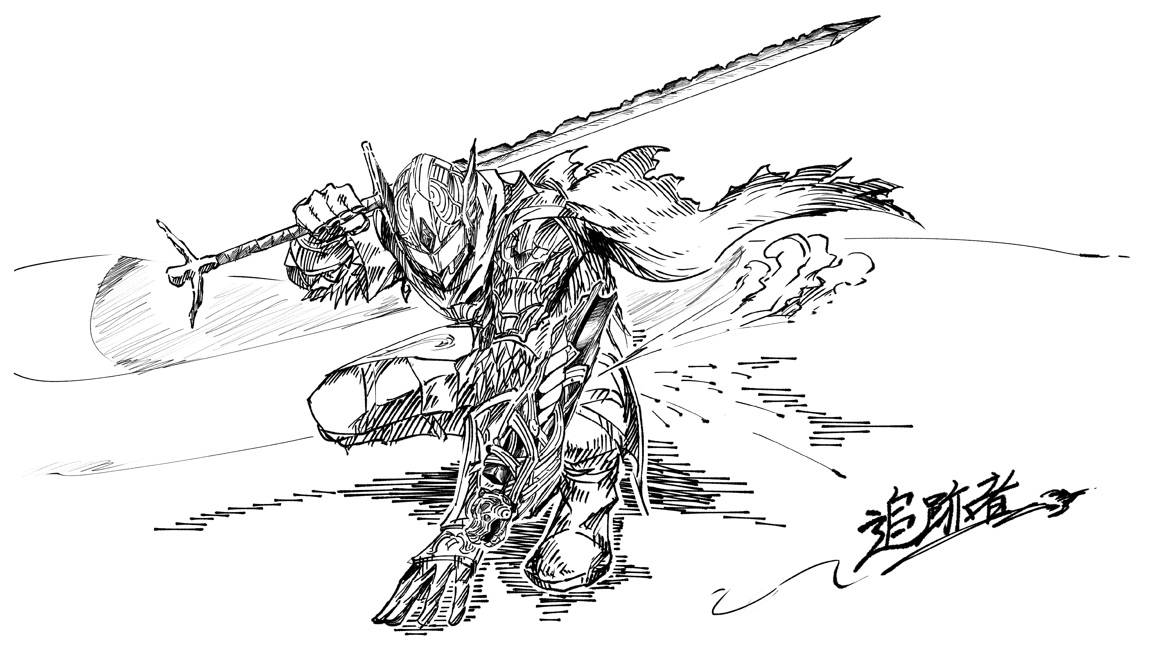 yukinaga (eruserion), wylder (elden ring), elden ring, elden ring nightreign, absurdres, highres, 1boy, armor, boots, capelet, covered face, full body, gloves, greatsword, greyscale, helmet, holding, holding sword, holding weapon, monochrome, over shoulder, pants, shoulder armor, solo, squatting, sword, weapon, weapon over shoulder, winged helmet