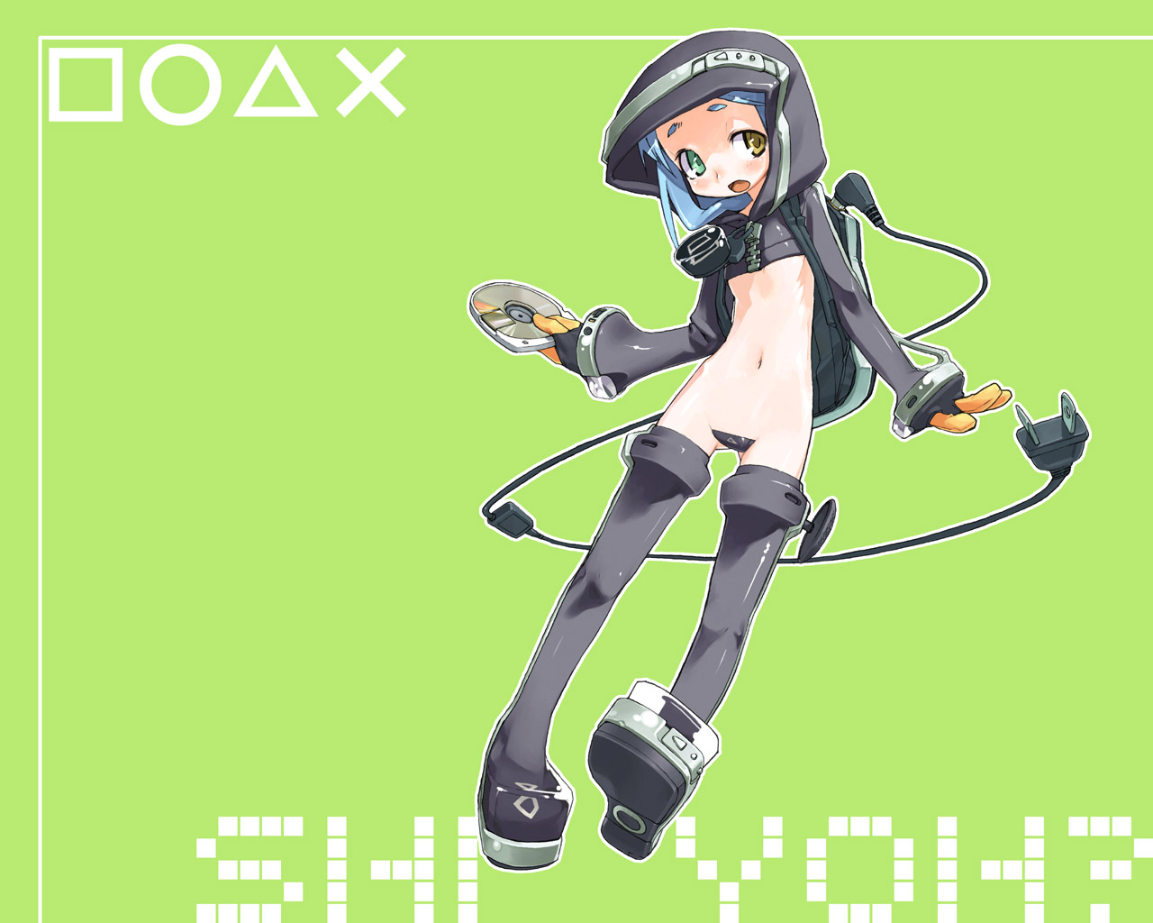 artist request, 1girl, blush, female focus, flat chest, handheld game console, heterochromia, loli, maebari, personification, playstation portable, playstation symbols, product girl, short hair, solo, thighhighs