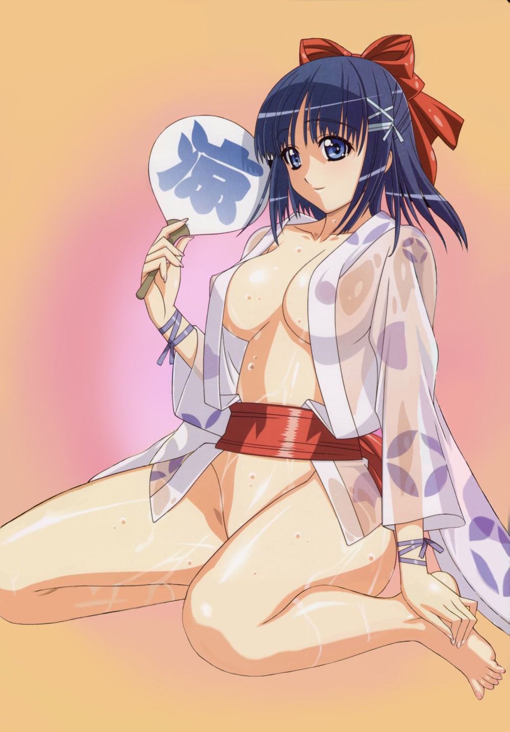 kuroda kazuya, original, highres, 1girl, barefoot, blue eyes, blue hair, bow, breasts, female focus, hand fan, japanese clothes, large breasts, matching hair/eyes, no panties, open clothes, open shirt, paper fan, ribbon, see-through clothes, shirt, short hair, smile, solo, toes, uchiwa, wet