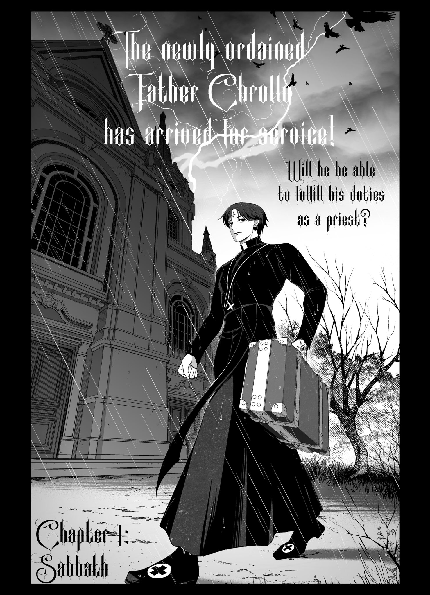 chrollo lucilfer, hunter x hunter, highres, 1boy, 63roku63, alternate universe, black hair, black robe, church, greyscale, male focus, monochrome, priest, rain, robe