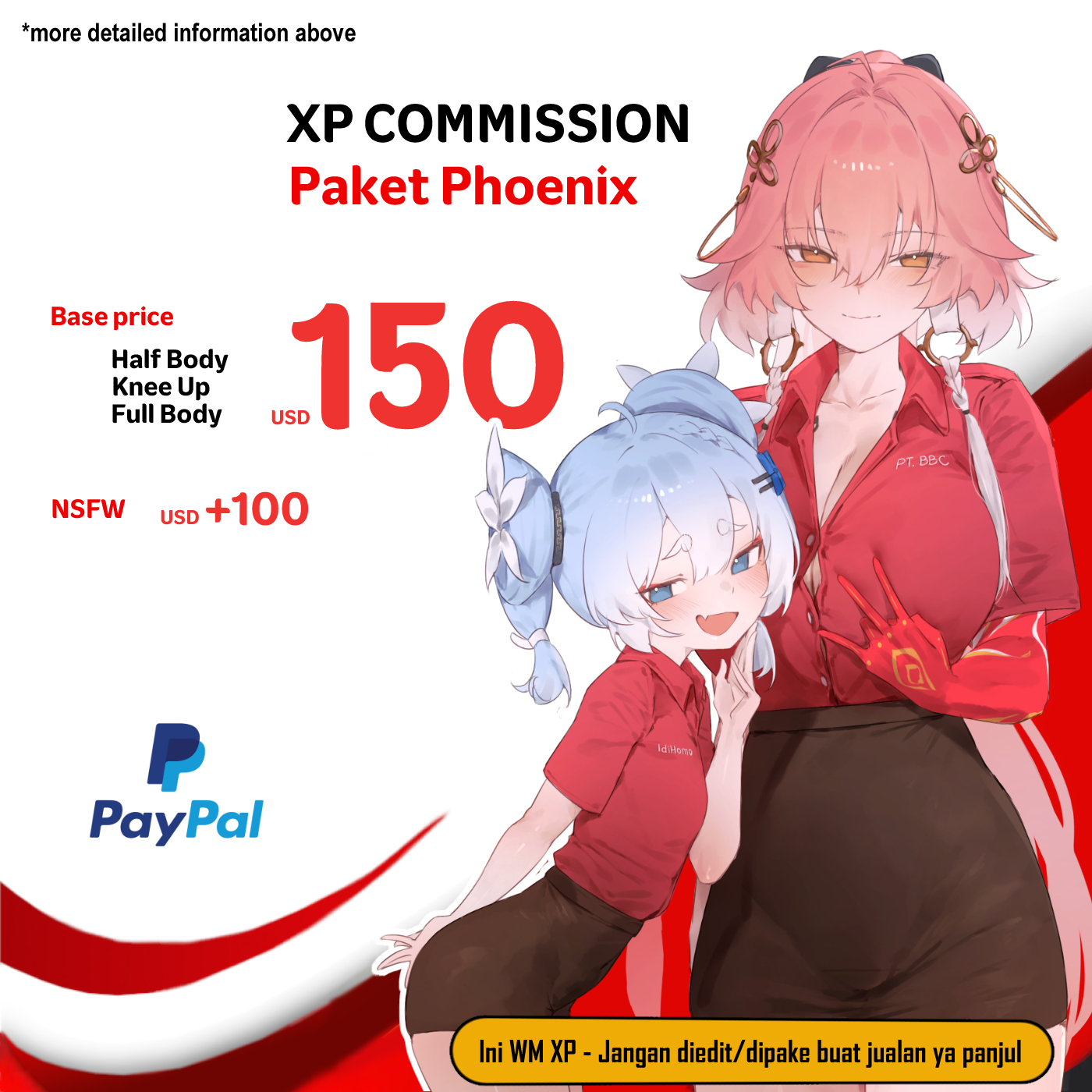 xaea xp, changli (wuthering waves), youhu (wuthering waves), paypal, wuthering waves, commentary, english commentary, highres, translation request, 2girls, alternate costume, blue eyes, blue hair, braid, breasts, cleavage, closed mouth, collarbone, collared shirt, colored extremities, dark skin, english text, hair between eyes, hair extensions, hair ornament, hand up, indihome paket phoenix/streamix (meme), indonesian text, large breasts, long hair, looking at viewer, medium breasts, meme, multicolored hair, multiple girls, open mouth, orange eyes, pencil skirt, pink hair, red hands, red shirt, ring hair extensions, shirt, shirt tucked in, short hair, skirt, smile, smug, thick eyebrows, twin braids, two-tone hair, very long hair, white hair