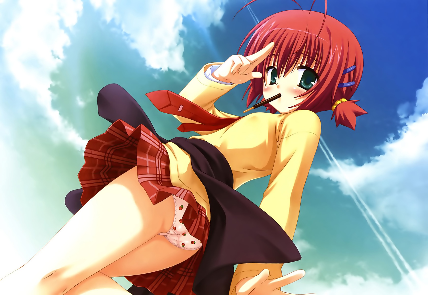ebihara minase, bra-ban!, artist request, highres, 1girl, ass, blush, female focus, food print, fruit print, necktie, outdoors, panties, print panties, school uniform, short hair, skirt, sky, solo, strawberry panties, strawberry print, underwear