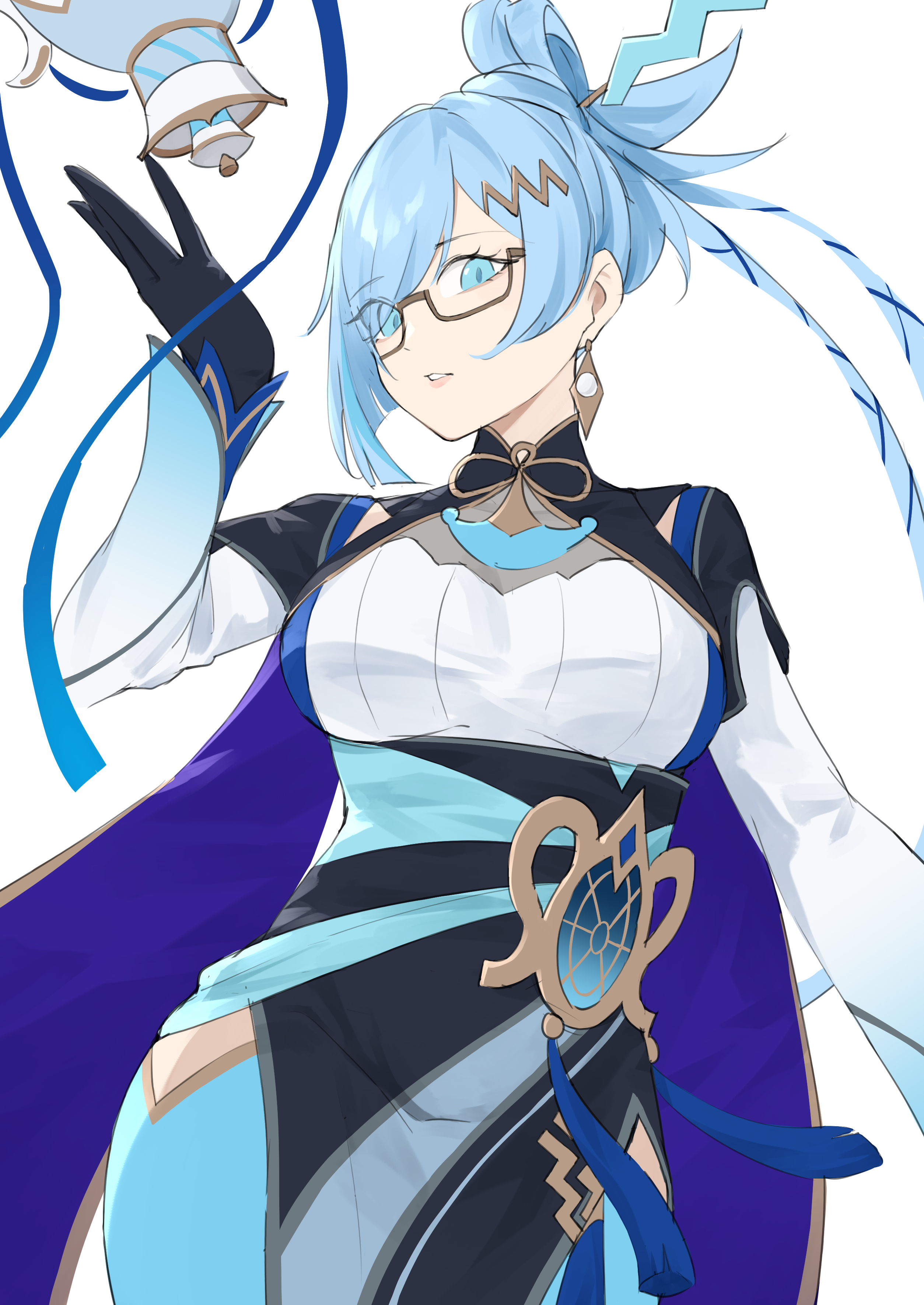 meshida (lux-far-accelerator), dracotail faimena, yu-gi-oh!, absurdres, highres, 1girl, aqua eyes, aqua hair, braid, dragon girl, dress, earrings, glasses, jewelry, long hair, long sleeves, looking at viewer, open mouth, simple background, solo, very long hair, white background, white dress