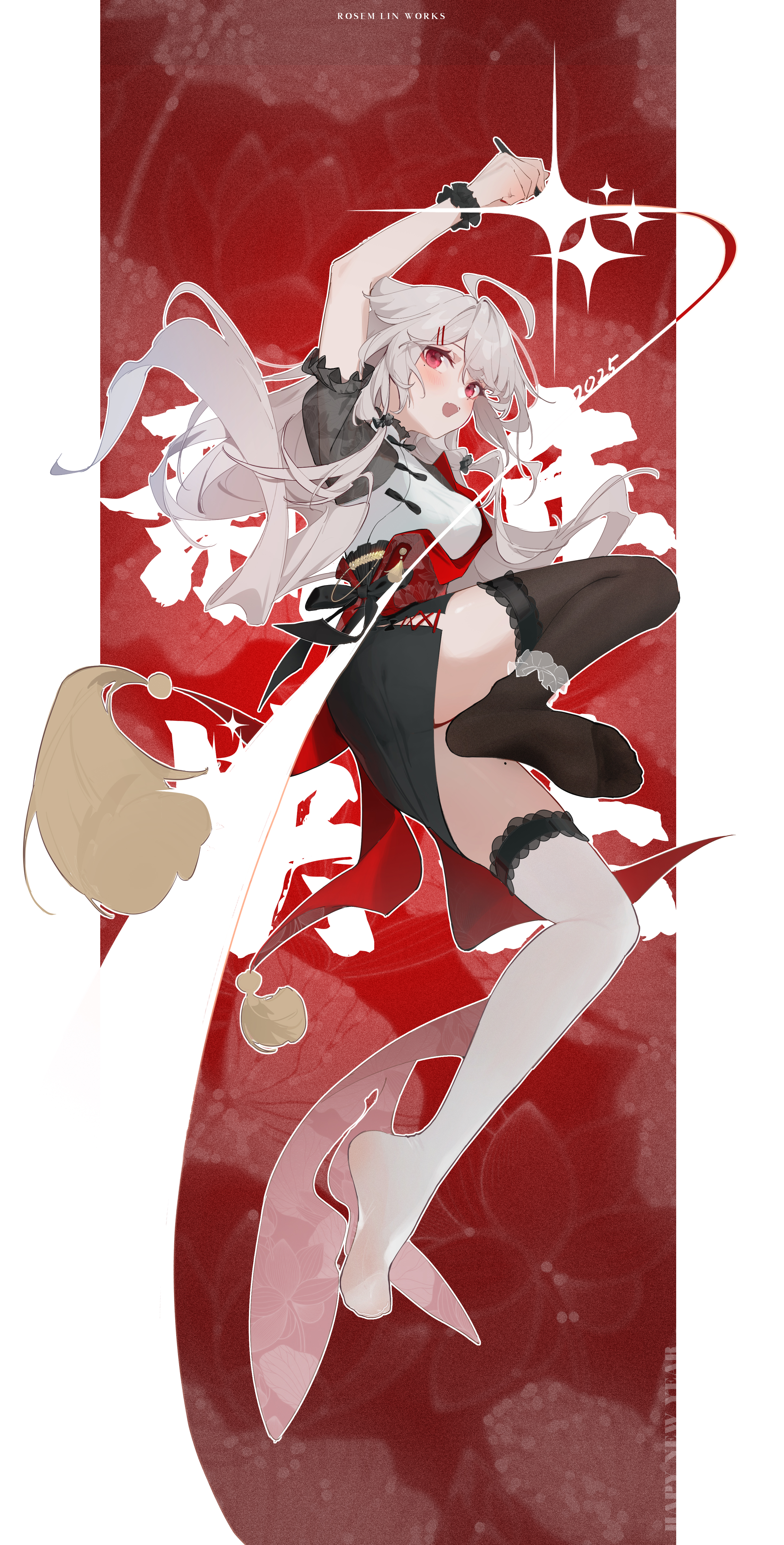rosem lin, original, absurdres, highres, 1girl, 2025, ahoge, artist name, asymmetrical legwear, black thighhighs, english text, floating hair, full body, grey hair, mismatched legwear, mole, mole on thigh, mole under eye, no shoes, open mouth, red eyes, shirt, short sleeves, skirt, smile, soles, solo, thighhighs, white thighhighs