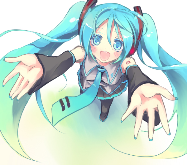 hatsune miku, vocaloid, vocaloid2, blue theme, blush, long hair, necktie, skirt, thighhighs, twintails