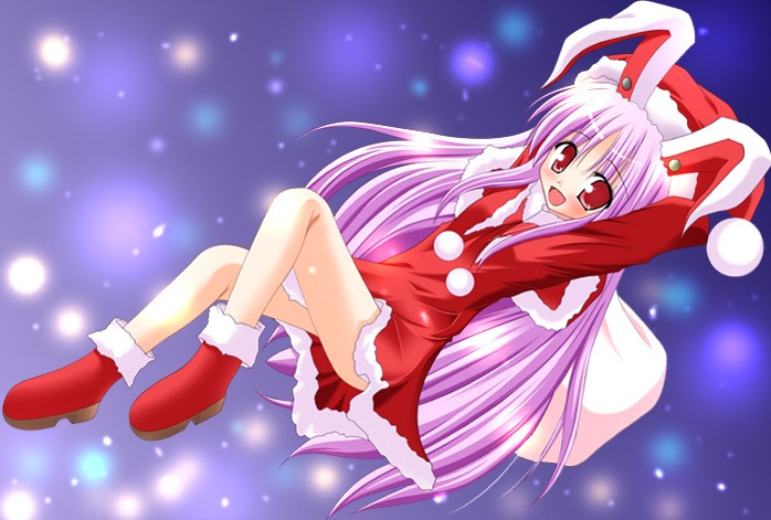 silamizu (white water), reisen udongein inaba, touhou, 1girl, alternate costume, animal ears, blush, christmas, dutch angle, female focus, long hair, purple hair, rabbit ears, rabbit girl, red eyes, santa costume, skirt, solo