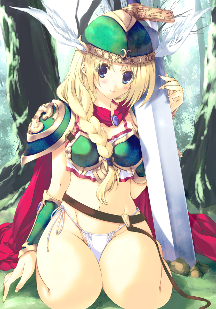 iizuki tasuku, valkyrie (vnd), namco, valkyrie no densetsu, highres, 1girl, armor, bikini armor, blonde hair, blue eyes, blush, braid, cape, female focus, forest, green armor, hair over shoulder, head wings, helmet, highleg, highleg panties, long hair, midriff, nature, navel, panties, plait, side-tie panties, single braid, sitting, solo, sword, thighs, underwear, valkyrie, weapon, white panties, winged helmet, wings