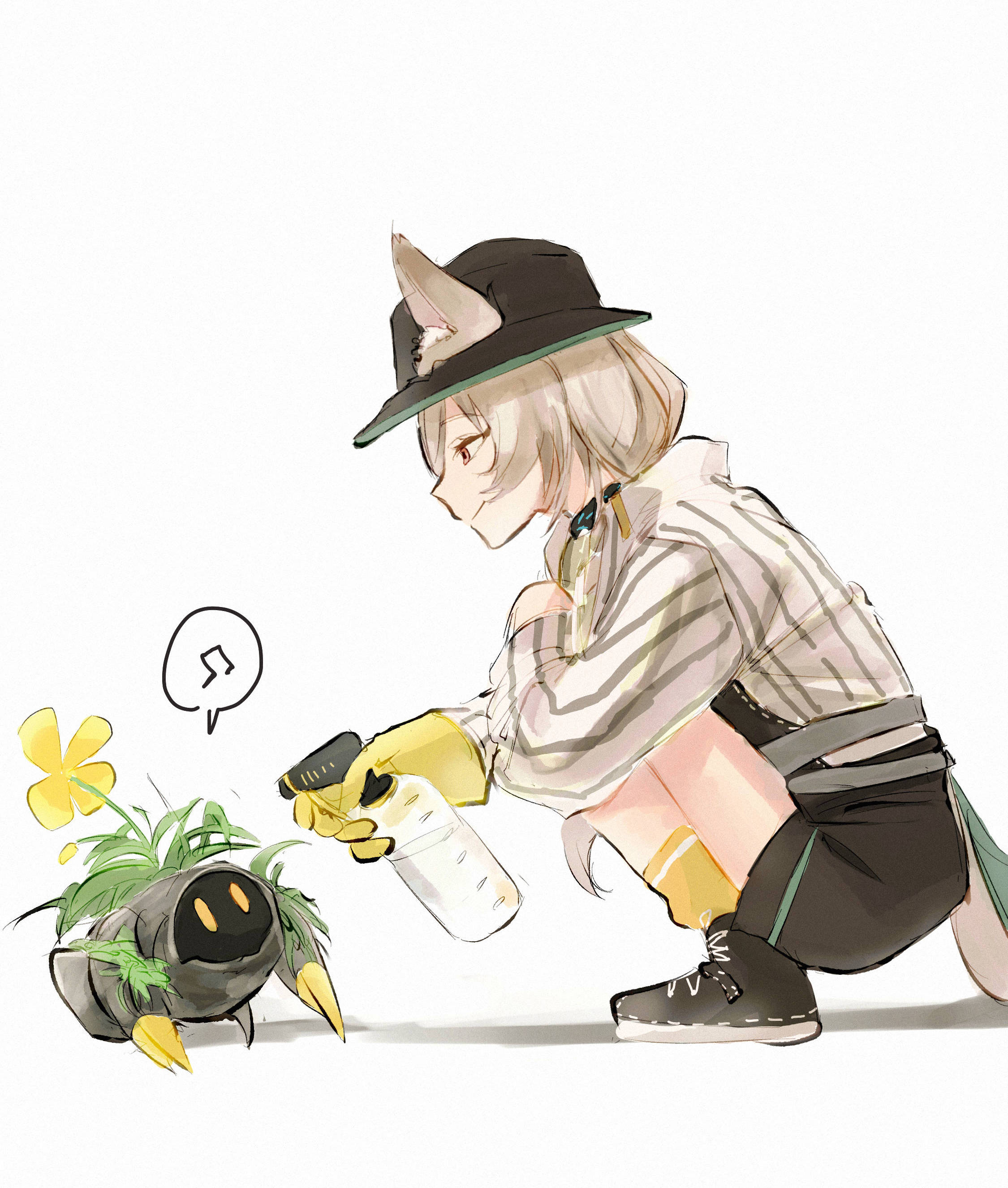 iii37998258, beanstalk (arknights), infection monitor (arknights), arknights, absurdres, commentary request, highres, 1girl, animal ear fluff, animal ears, black hat, black shorts, bottle, braid, brown hair, domesticated metal crab (arknights), ears through headwear, gloves, hat, hyena ears, hyena girl, hyena tail, long hair, long sleeves, musical note, red eyes, rubber gloves, shorts, simple background, single braid, single glove, smile, socks, spoken musical note, spray bottle, squatting, white background, yellow gloves, yellow socks