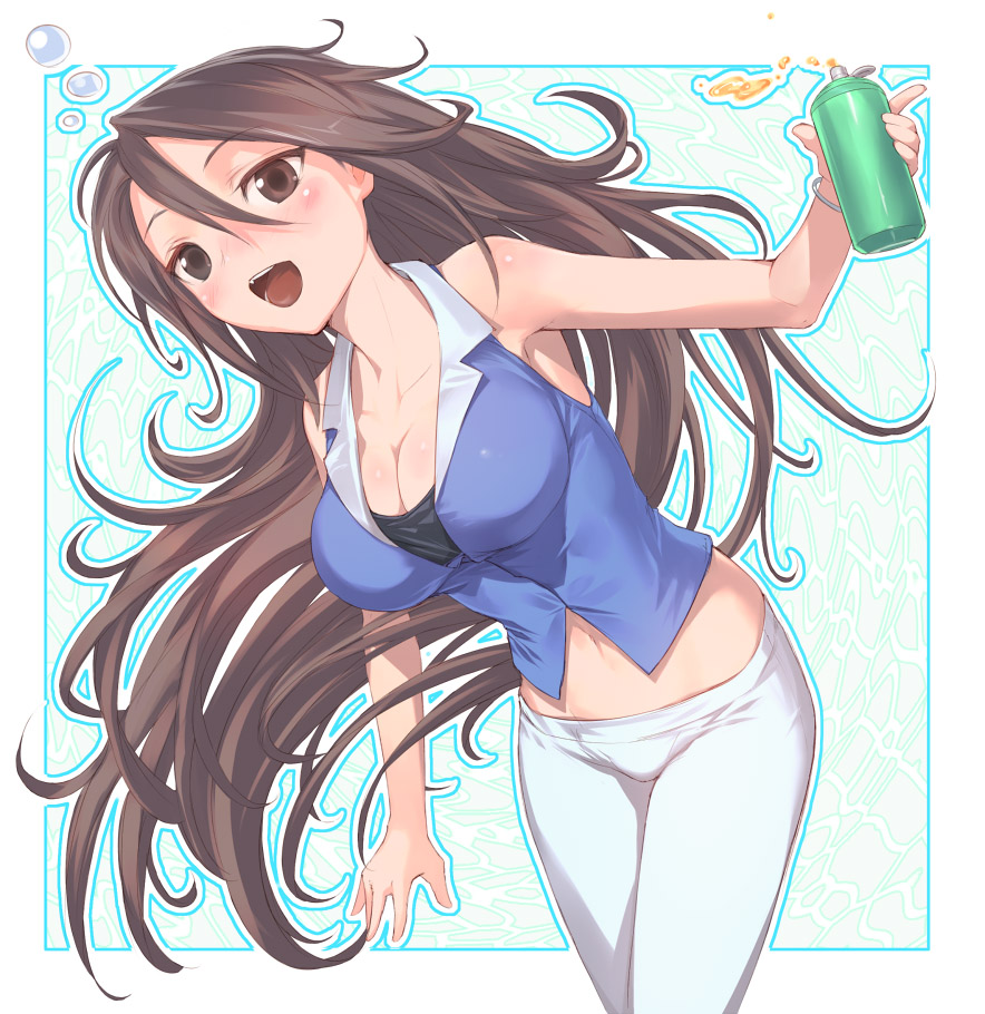 uni (plastic girl), sumeragi lee noriega, gundam, gundam 00, 00s, 1girl, blush, breasts, brown eyes, brown hair, cleavage, female focus, leaning forward, long hair, medium breasts, midriff, navel, solo, thermos, very long hair