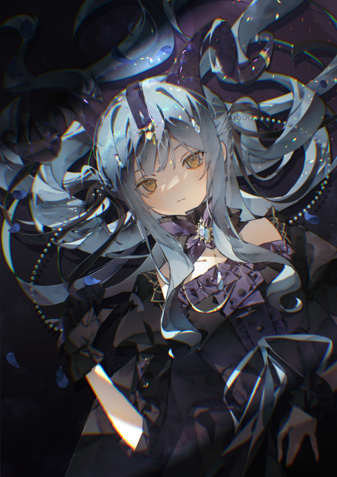 0 (znanimo), oblivionis (bang dream!), togawa sakiko, bang dream!, bang dream! it's mygo!!!!!, commentary, hashtag-only commentary, highres, symbol-only commentary, 1girl, black dress, black gloves, black horns, blue hair, blue petals, blush, closed mouth, curled horns, dress, gem, gloves, hair between eyes, hair spread out, horns, long hair, long sidelocks, looking at viewer, lying, multicolored dress, on back, purple dress, short sleeves, sidelocks, solo, two-tone dress, upper body, yellow eyes