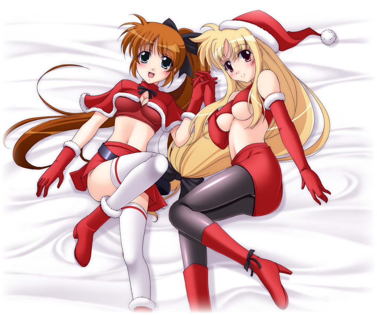 nanoha, narutaki shin, fate testarossa, takamachi nanoha, lyrical nanoha, maho shojo ririkaru nanoha striker's, mahou shoujo lyrical nanoha, mahou shoujo lyrical nanoha strikers, black legwear, white legwear, 00s, 2girls, blonde hair, blush, boots, breasts, christmas, cleavage, elbow gloves, gloves, hat, high heels, holding hands, interlocked fingers, long hair, low-tied long hair, midriff, multiple girls, panties, panties under pantyhose, pantyhose, red gloves, santa costume, santa hat, shoes, skirt, thighhighs, underboob, underwear, very long hair