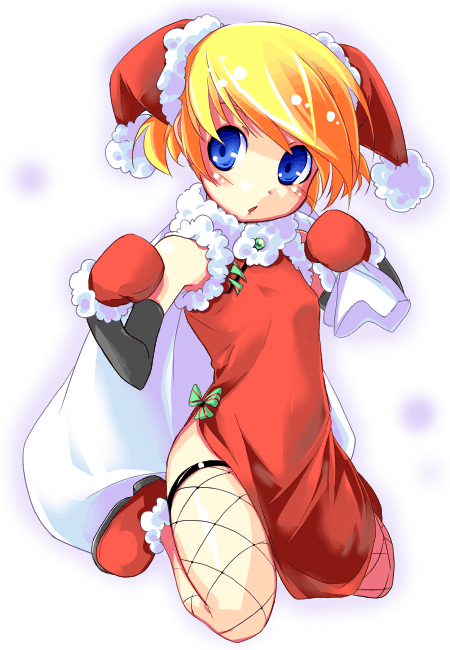 yomi (artist), 1girl, blonde hair, blush, christmas, elbow gloves, female focus, fishnet thighhighs, fishnets, flat chest, gloves, hat, mittens, red mittens, santa costume, shoes, short hair, solo, thighhighs