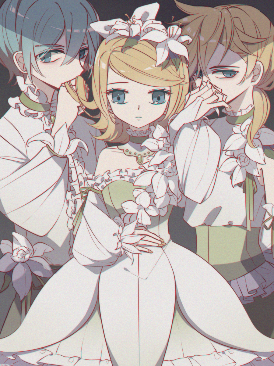 melling rl, kagamine len, kagamine rin, kaito (vocaloid), miracle nikki, nikki (series), vocaloid, highres, 1girl, 2boys, adapted costume, bare shoulders, black background, blonde hair, blue eyes, blue hair, boy sandwich, bridal gauntlets, brooch, brown pants, buttons, casablanca (miracle nikki), center frills, choker, corset, covered mouth, cowboy shot, detached sleeves, dress, eyelashes, flower, flower brooch, flower dress, frilled choker, frilled dress, frilled shirt, frilled sleeves, frills, green choker, green corset, green dress, green ribbon, hair between eyes, hair flower, hair ornament, hair over shoulder, hand on own stomach, hetero, holding another's hair, holding hands, interlocked fingers, jewelry, lily (flower), long sleeves, looking ahead, low ponytail, multiple boys, nail polish, pants, parted lips, ponytail, puffy long sleeves, puffy sleeves, ribbon, sandwiched, shirt, short dress, short hair, simple background, sleeve ribbon, sleeveless, sleeveless shirt, sleeves past wrists, smelling, smelling hair, standing, strapless, strapless dress, two-tone dress, white bridal gauntlets, white dress, white flower, white shirt, white sleeves, yellow nails