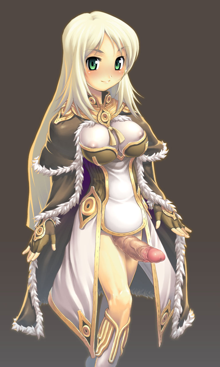 yn red, high wizard (ragnarok online), ragnarok online, duplicate, highres, 1futa, blonde hair, blush, boots, breasts, cape, covered erect nipples, erection, fingerless gloves, futanari, gloves, green eyes, knee boots, large breasts, long hair, penis, see-through clothes, simple background, smile, solo, uncensored, veins, veiny penis