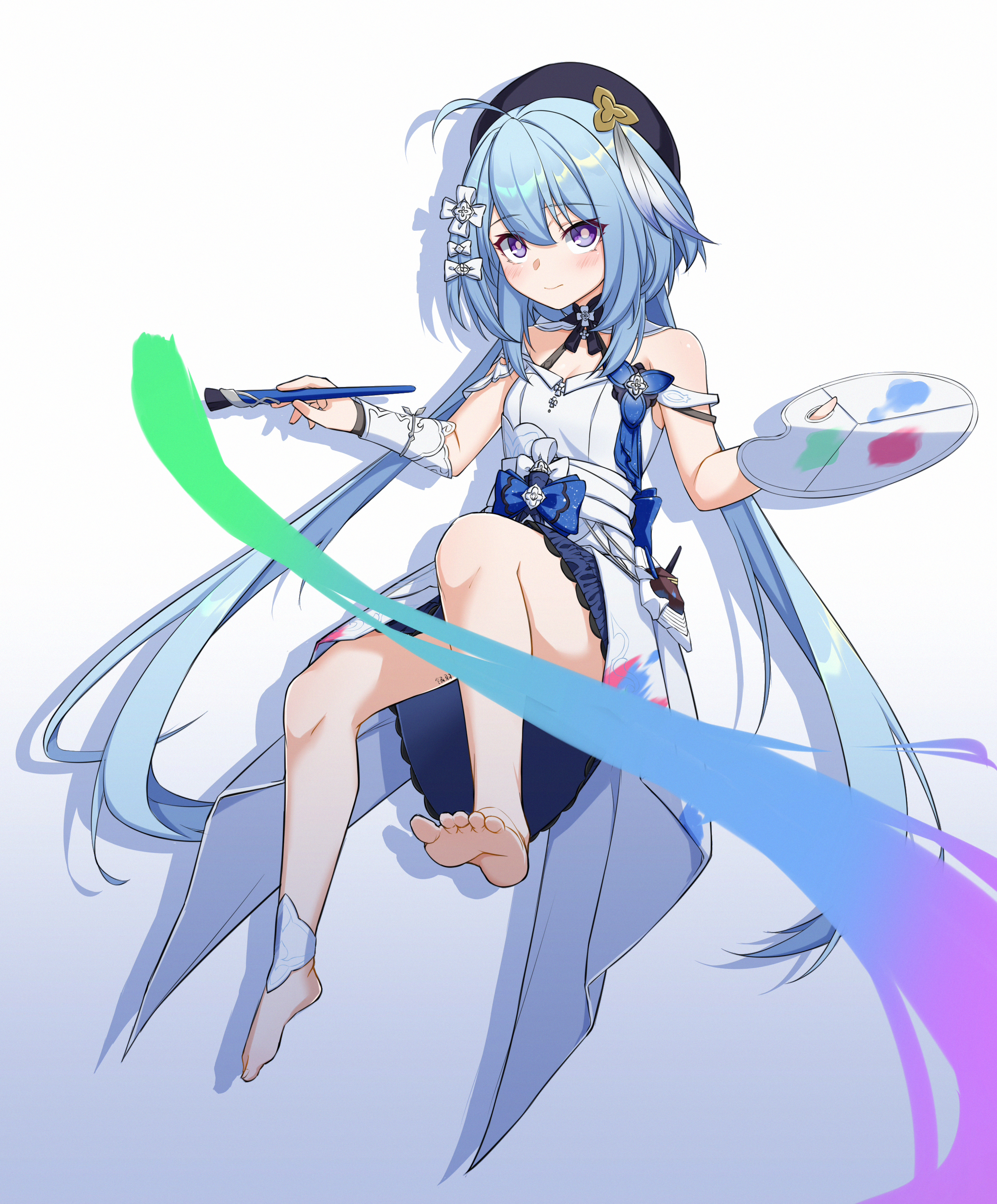 yinyu (yinyu1999), griseo, griseo (starry impression), honkai (series), honkai impact 3rd, absurdres, chinese commentary, commentary request, highres, 1girl, barefoot, beret, blue hair, dress, feet, hat, holding, holding paint palette, holding paintbrush, long hair, paint, paint palette, paintbrush, purple eyes, simple background, soles, toes, very long hair, white background, white dress