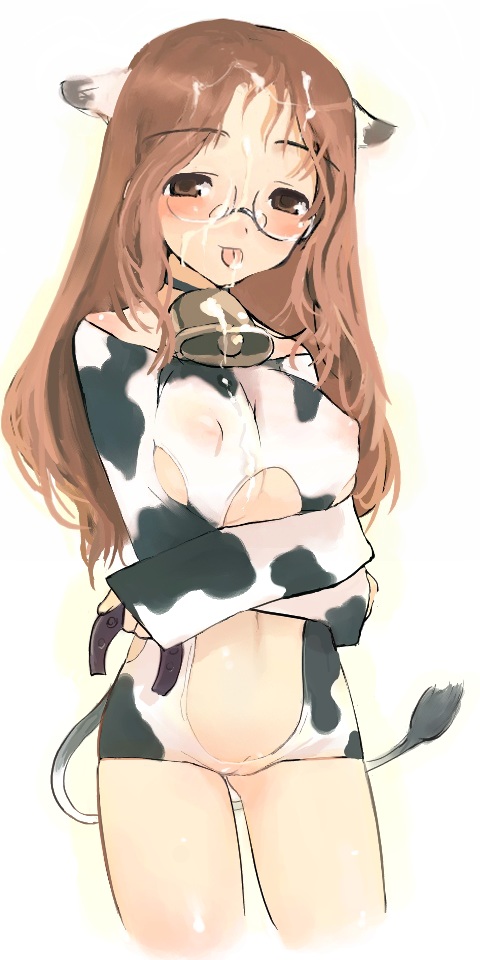 1girl, animal ears, blush, breasts, cow ears, cow girl, female focus, glasses, gradient background, long hair, midriff, milk, pussy, solo, tail, uncensored, white background