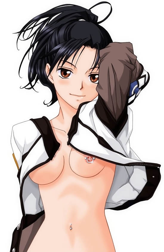 source request, black hair, blush, breasts, brown eyes, jacket, long hair, looking at viewer, navel, navel piercing, nipple piercing, nipples, nude, open clothes, open shirt, piercing, ponytail, shirt