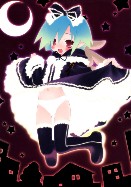 gayarou, pleinair, usagi-san, nippon ichi, original, 1girl, black dress, black thighhighs, blush, boots, bow, clothes lift, dress, dress lift, elf, female focus, flat chest, gradient hair, green hair, hair bow, jumping, lace, loli, midriff, multicolored hair, navel, panties, pointy ears, rabbit, red eyes, ribbon, short hair, skirt, skirt lift, solo, stuffed animal, stuffed toy, thigh boots, thighhighs, underwear, white panties