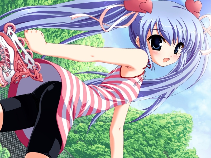 ass, blush, flat chest, long hair, skirt, spandex, twintails