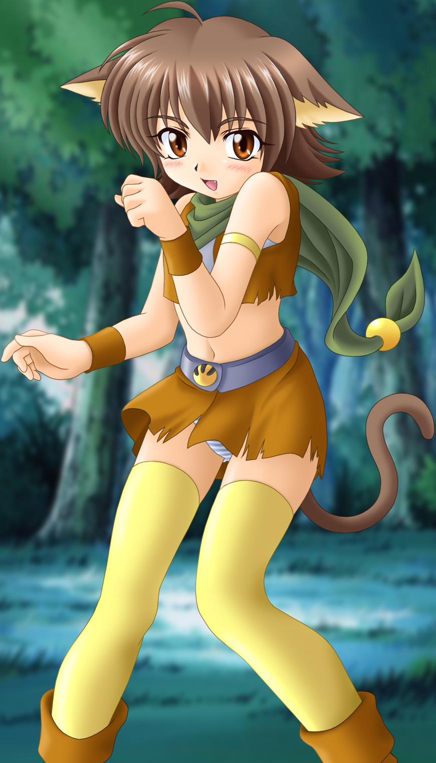 highres, animal ears, blush, cat ears, midriff, panties, short hair, skirt, thighhighs, underwear