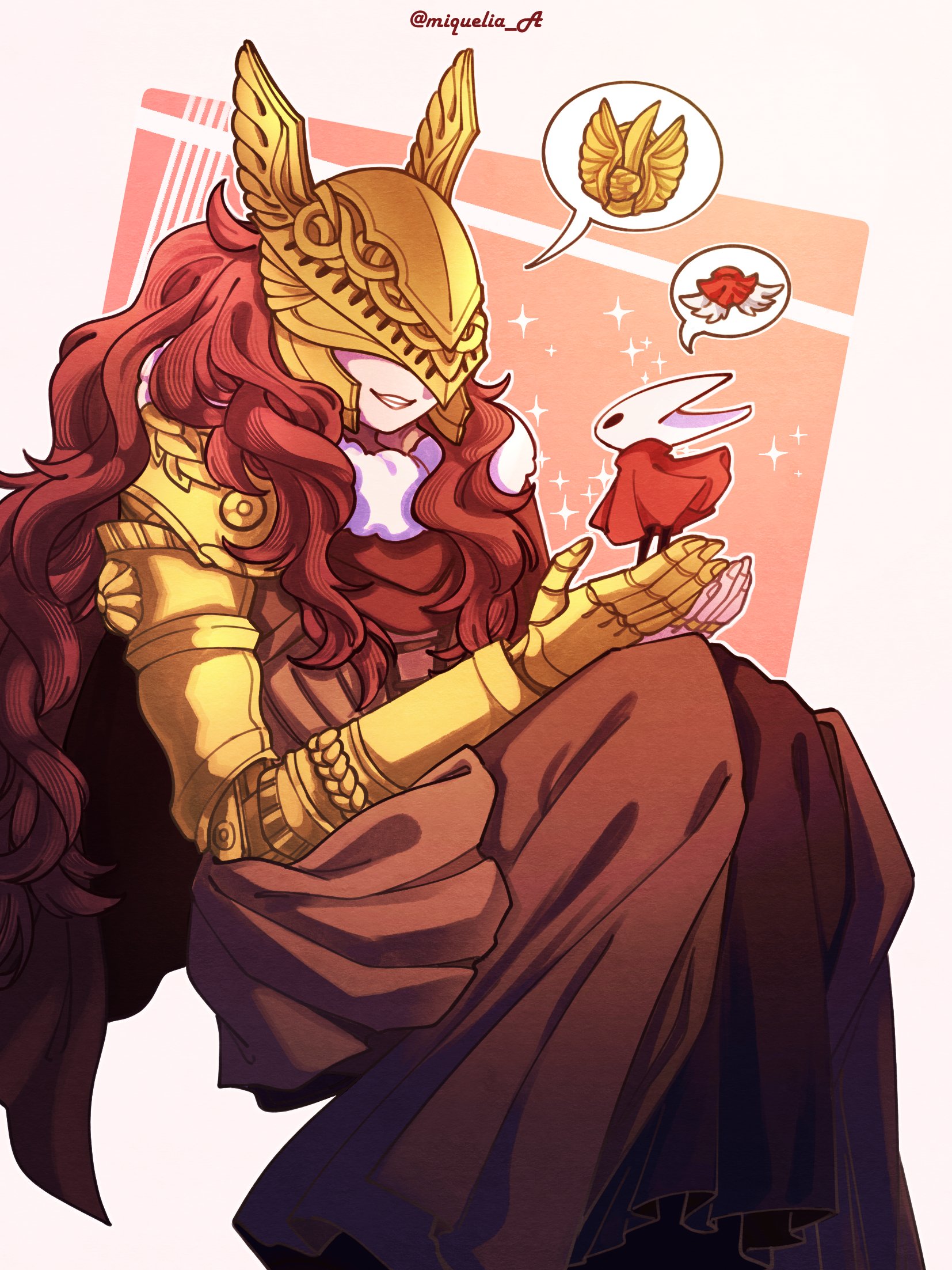 miqueliafantasia, hornet (hollow knight), malenia blade of miquella, elden ring, hollow knight, hollow knight: silksong, commentary, english commentary, highres, 2girls, brown dress, cape, crossover, dress, fur-trimmed cape, fur trim, helmet, invisible chair, long hair, mechanical arms, multiple girls, open mouth, prosthesis, prosthetic arm, red cape, red hair, simple background, single mechanical arm, sitting, size difference, smile, twitter username, wavy hair, winged helmet