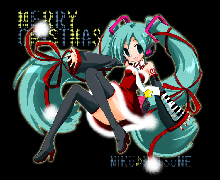hizuki yayoi, hatsune miku, vocaloid, vocaloid2, ass, blush, christmas, long hair, santa costume, skirt, solo, thighhighs, twintails, very long hair