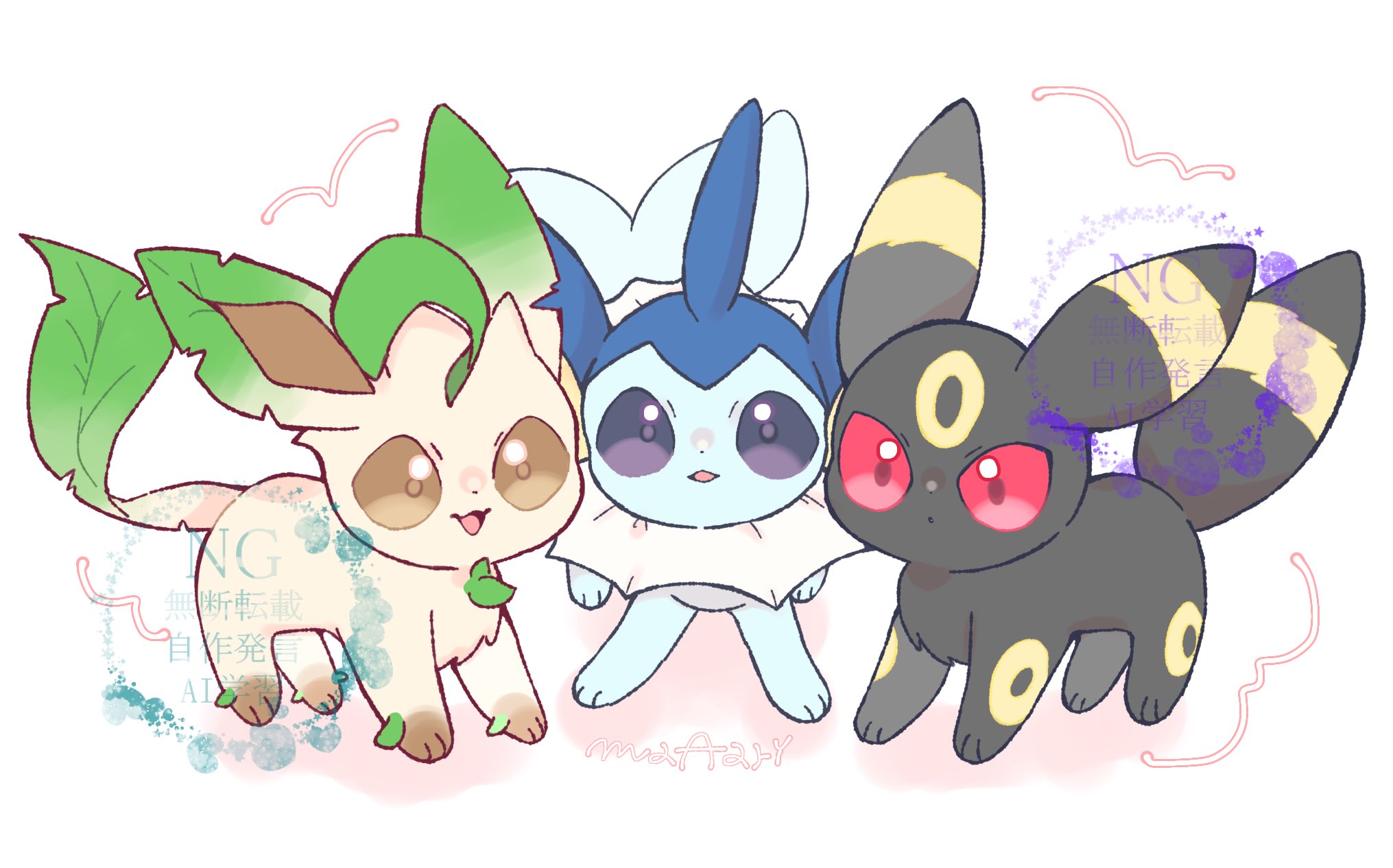 maaari pkmn, leafeon, umbreon, vaporeon, nintendo, pokemon, commentary request, highres, :d, :o, animal focus, brown eyes, gen 1 pokemon, gen 2 pokemon, gen 4 pokemon, looking at viewer, no humans, open mouth, pokemon (creature), pokemon focus, purple eyes, red eyes, smile, white background
