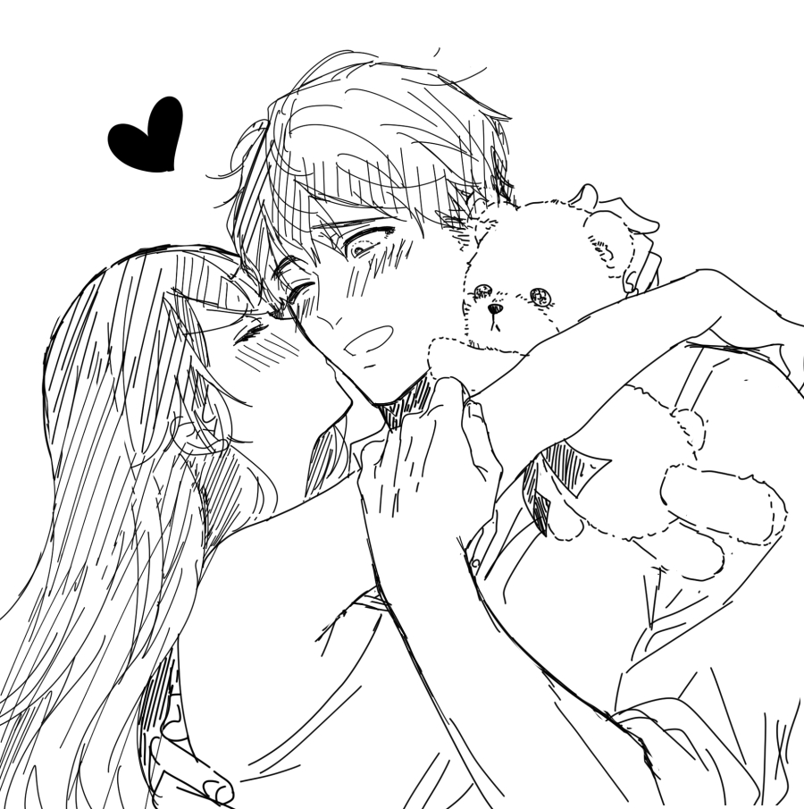 itoko (ldoll itk), original, 1boy, 1girl, black hair, couple, greyscale, heart, hetero, holding, holding stuffed toy, hug, kiss, long hair, monochrome, sketch, stuffed animal, stuffed toy, teddy bear