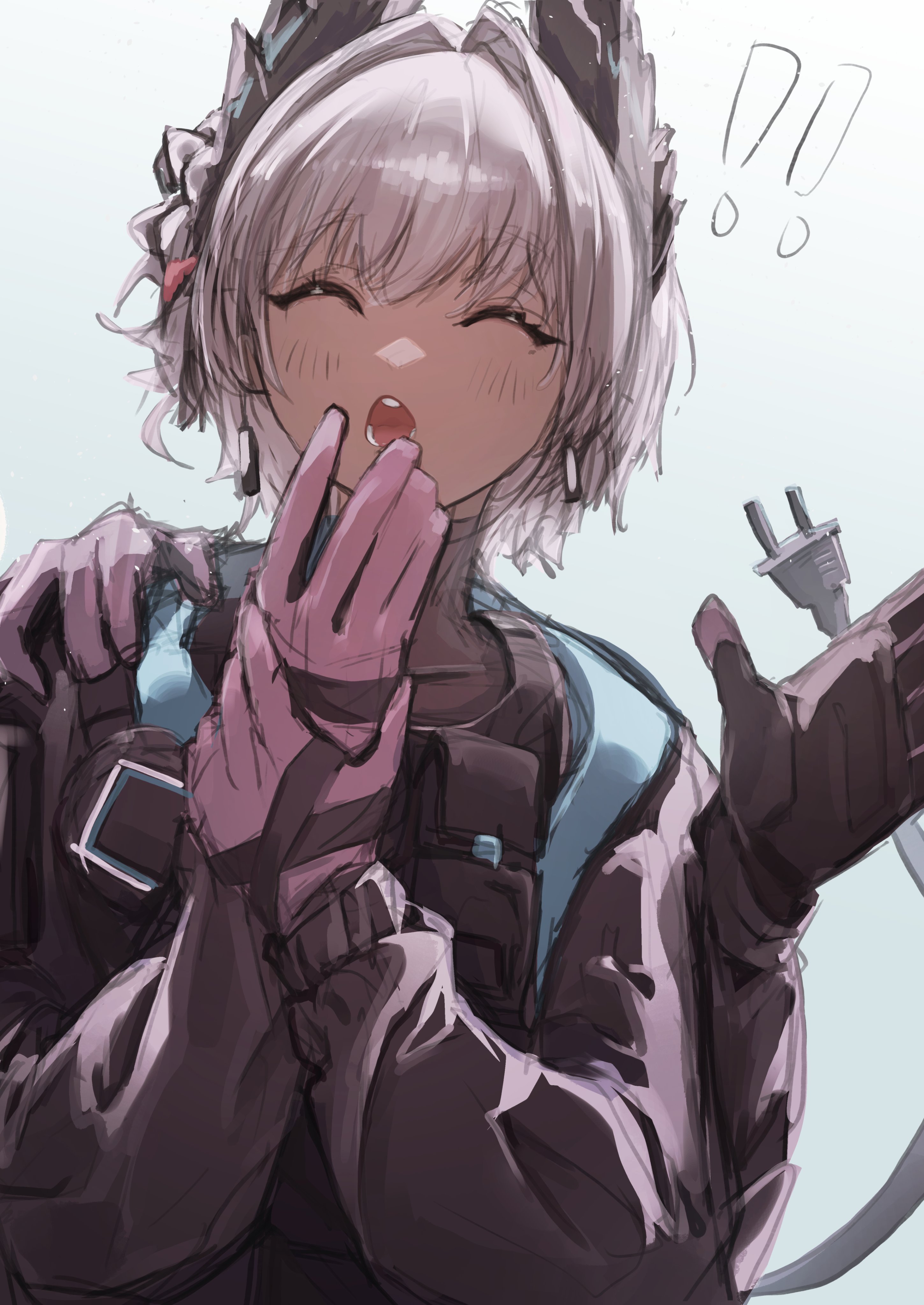 sakikov, raidian (arknights), arknights, absurdres, commentary, highres, !, !!, 1girl, bird girl, black gloves, blush, cable, cable tail, closed eyes, dark-skinned female, dark skin, electric plug, electric plug tail, extra arms, flower, gloves, grey hair, hair flower, hair ornament, head wings, mechanical tail, open mouth, pink gloves, short hair, simple background, solo, surprised, tail, two-tone gloves, white background, wings