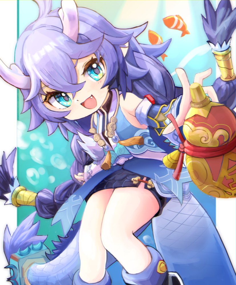 menome, bailu (honkai: star rail), honkai: star rail, honkai (series), 1girl, aqua eyes, black shorts, braid, clownfish, dragon girl, dragon tail, eastern dragon horns, eastern dragon tail, feet out of frame, fish, gourd, hair between eyes, long hair, low-tied long hair, open mouth, purple hair, shirt, shorts, sleeveless, sleeveless shirt, smile, solo, tail, thighs, twin braids, twintails, underwater, very long hair