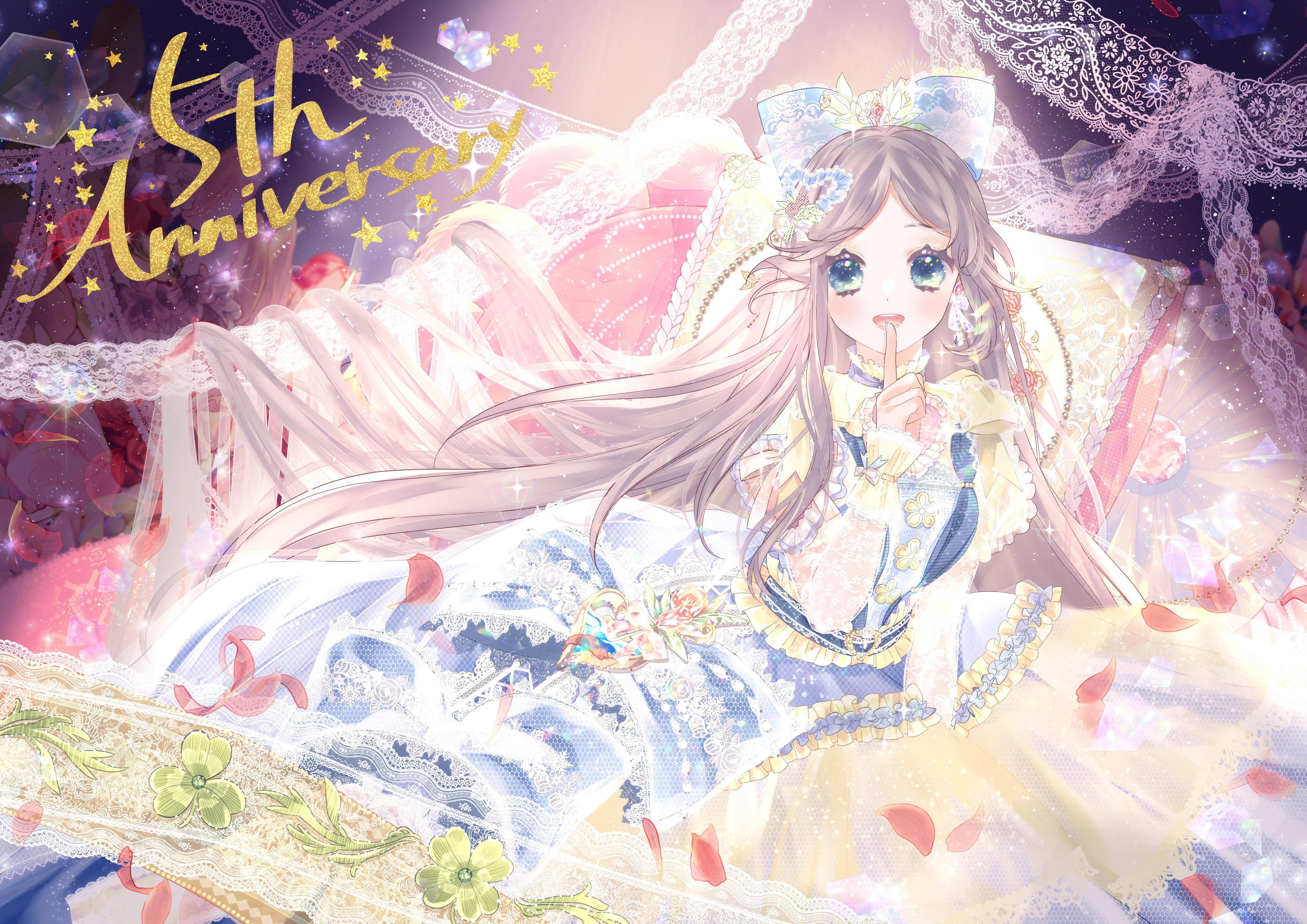 ichi kotoko, miracle nikki, nikki (series), absurdres, character request, check character, highres, third-party source, 1girl, anniversary, aqua eyes, blue bow, blue dress, bow, brown hair, colored eyelashes, curtains, detached sleeves, dress, feet out of frame, finger to mouth, flower button, gown, grey bow, hair bow, hair flowing over, hair ornament, hand on lap, happy, heart, heart hair ornament, lace, lace sleeves, long dress, long hair, long sleeves, looking at viewer, open mouth, petals, puffy short sleeves, puffy sleeves, short sleeves, smile, solo, sparkle, spotlight, star (symbol), stylist (nikki), tareme, teeth, two-tone dress, upper teeth only, very long hair, white sleeves, wrist bow, wrist cuffs, yellow dress, yellow wrist cuffs