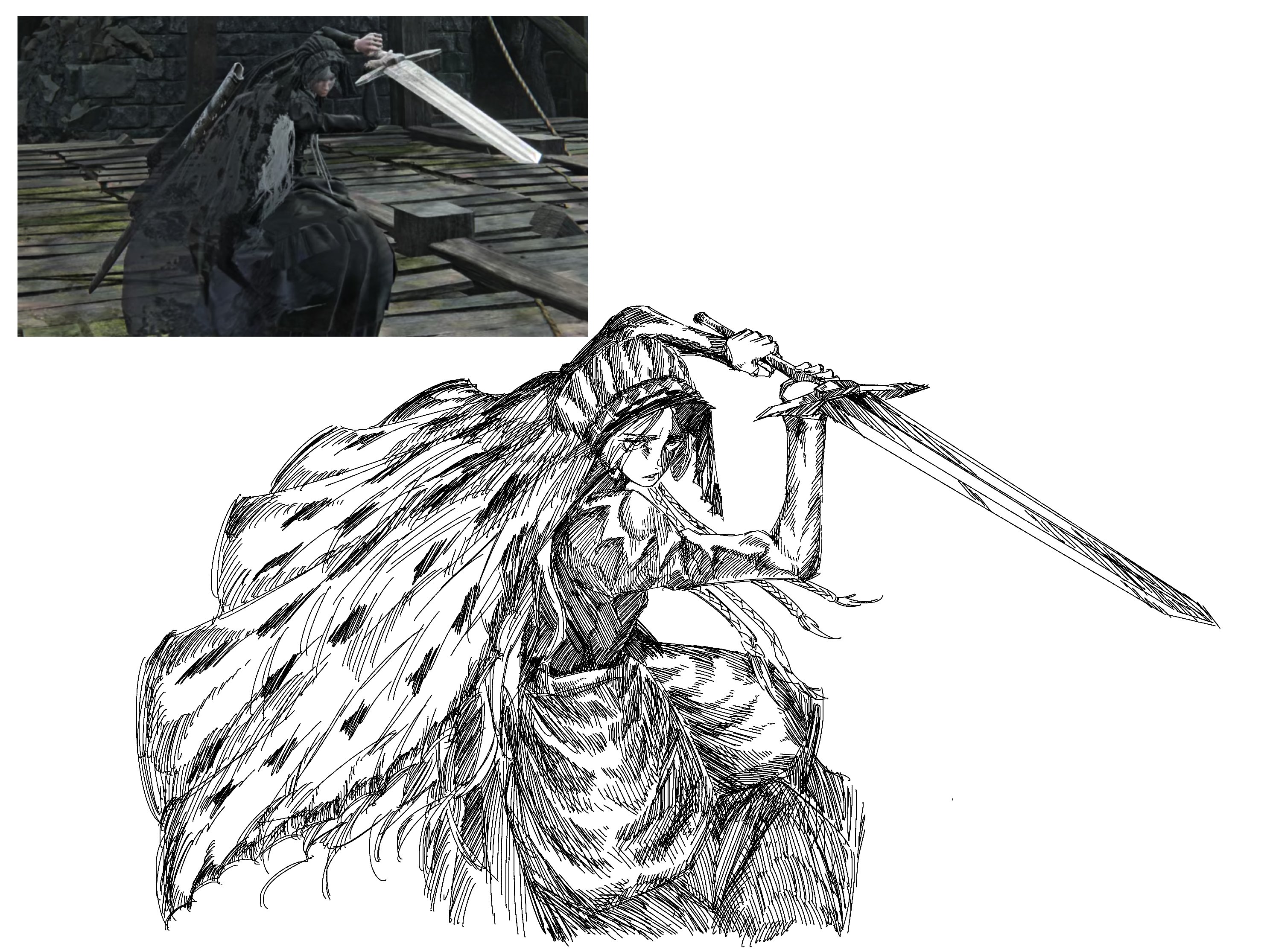 yukinaga (eruserion), revenant (elden ring), elden ring, elden ring nightreign, highres, photo-referenced, 1girl, arms up, bonnet, dress, fighting stance, greyscale, holding, holding sword, holding weapon, long hair, long sleeves, monochrome, solo, sword, veil, very long hair, weapon