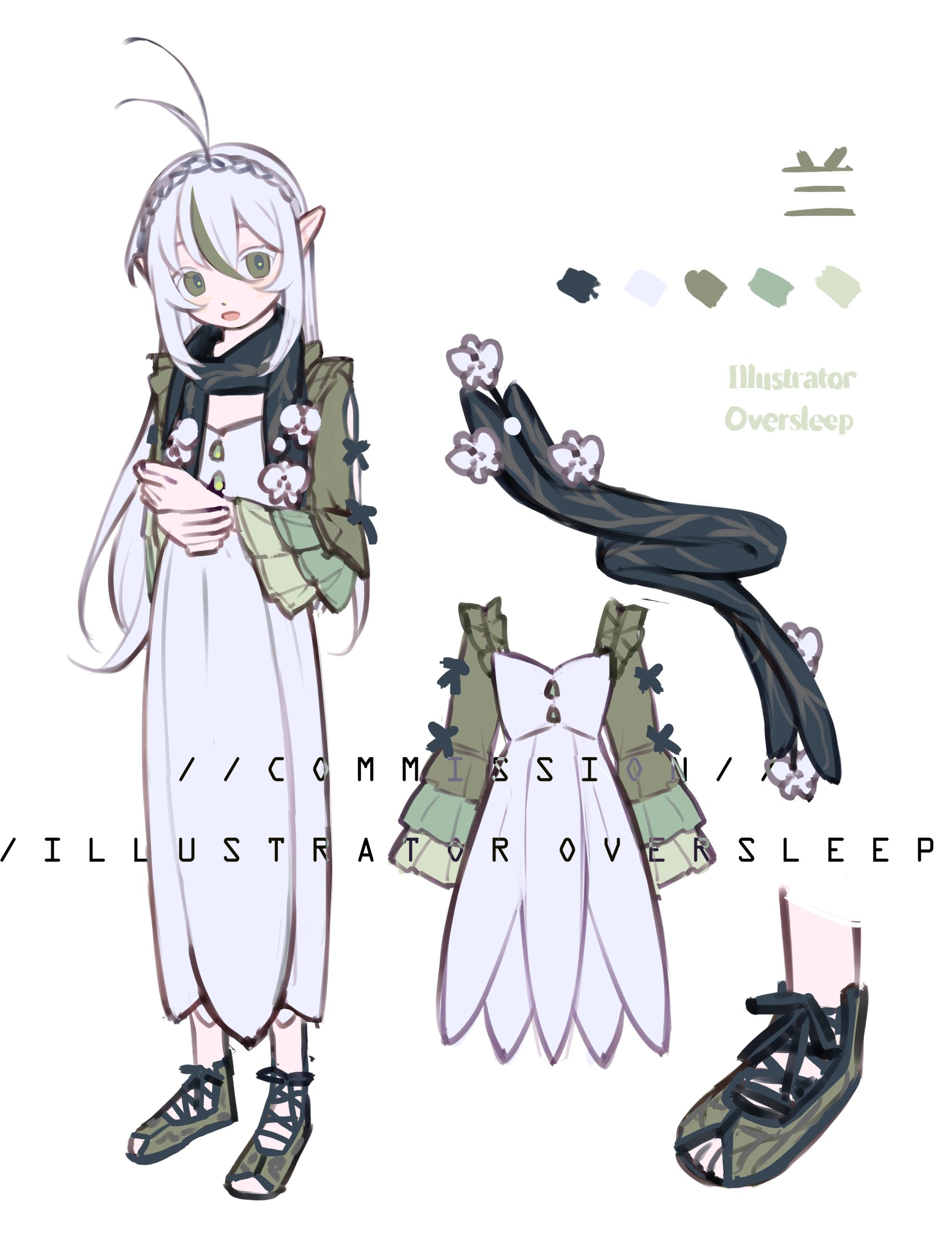 oversleep, original, absurdres, highres, 1girl, antenna hair, black scarf, bow, braid, character name, chinese text, color guide, crown braid, dress, english text, flower, frilled sleeves, frills, full body, green eyes, green hair, hair between eyes, long hair, long sleeves, looking at viewer, multicolored hair, open mouth, own hands together, pointy ears, reference sheet, sandals, scarf, simple background, solo, standing, streaked hair, very long hair, white background, white dress, white flower, white hair