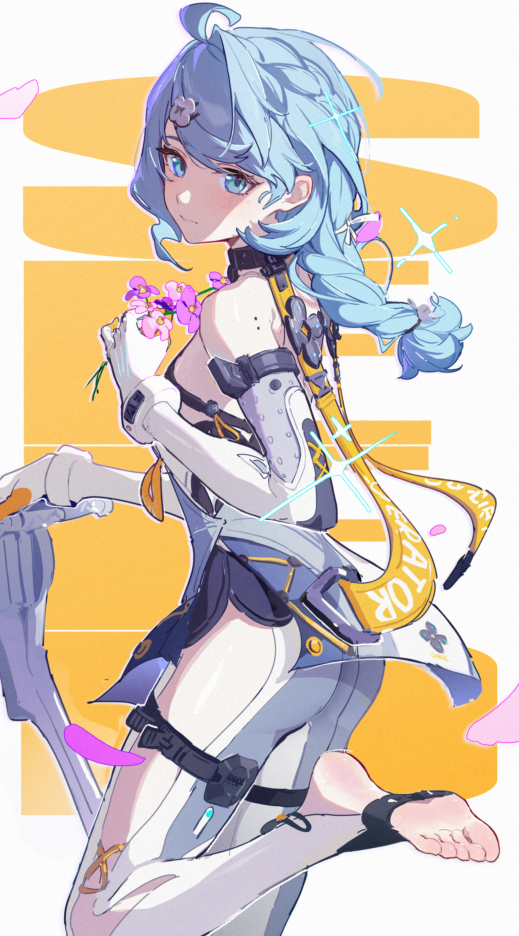 rosem lin, seed (zenless zone zero), zenless zone zero, absurdres, highres, 1girl, bare shoulders, blue eyes, blue hair, braid, breasts, closed mouth, clothing cutout, elbow gloves, feet, flower, gloves, holding, holding flower, long hair, looking at viewer, no shoes, simple background, small breasts, standing, standing on one leg, stirrup legwear, toeless legwear, toes, two-tone background, white gloves