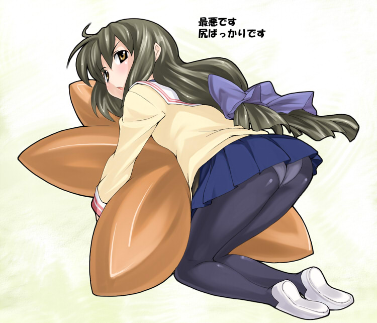 imaichi, ibuki fuuko, clannad, 00s, 1girl, ass, blush, female focus, hug, long hair, low-tied long hair, panties, pantyhose, school uniform, serafuku, skirt, solo, starfish, underwear