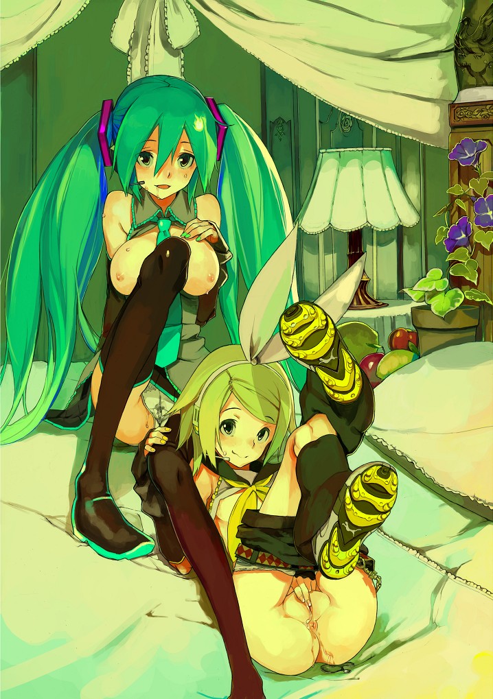 cougar, fakepucco, hatsune miku, kagamine rin, puma (brand), vocaloid, 2girls, anus, aqua hair, ass, belt, between breasts, black thighhighs, blonde hair, blush, bow, breasts, clothes lift, cum, female masturbation, flower, hair ribbon, headset, lamp, large breasts, loli, long hair, lying, masturbation, multiple girls, necktie, on back, panties, pussy, pussy juice, ribbon, shirt lift, short hair, shorts, sitting, skirt, smile, sweat, thighhighs, twintails, uncensored, underwear, undressing, very long hair, white panties