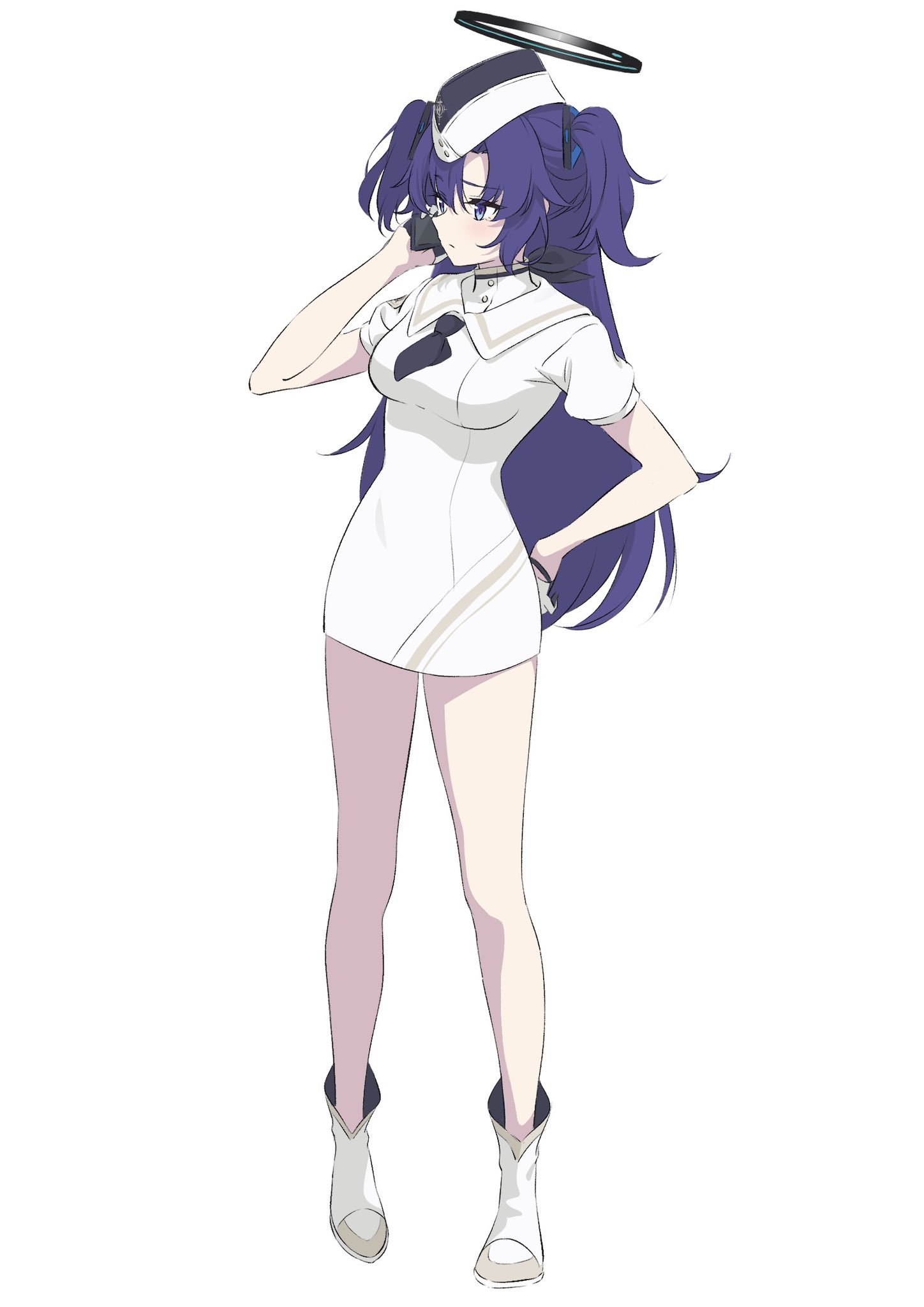 yuuka (blue archive), blue archive, highres, 1girl, bare legs, black halo, cu cu cu, dress, full body, garrison cap, halo, hat, mechanical halo, microdress, official alternate costume, puffy short sleeves, puffy sleeves, purple eyes, purple hair, short sleeves, simple background, solo, utnapishtim operator uniform (blue archive), white background, white dress, white hat