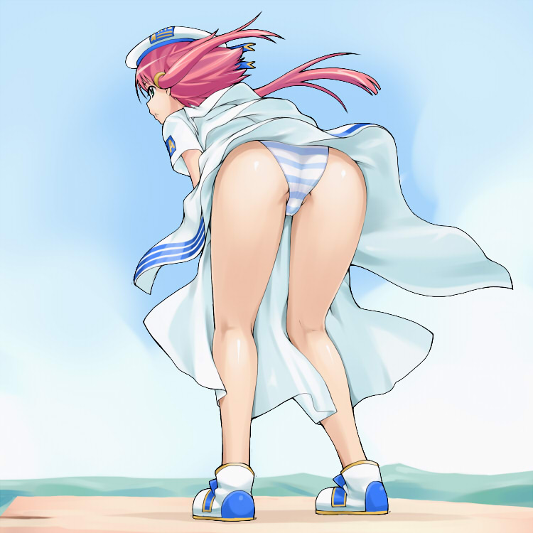 imaichi, mizunashi akari, aria (manga), 00s, 1girl, ass, blouse, clothes lift, dress, female focus, hat, kneepits, panties, school uniform, serafuku, shirt, short hair, short hair with long locks, skirt, skirt lift, solo, striped clothes, striped panties, underwear, white shirt