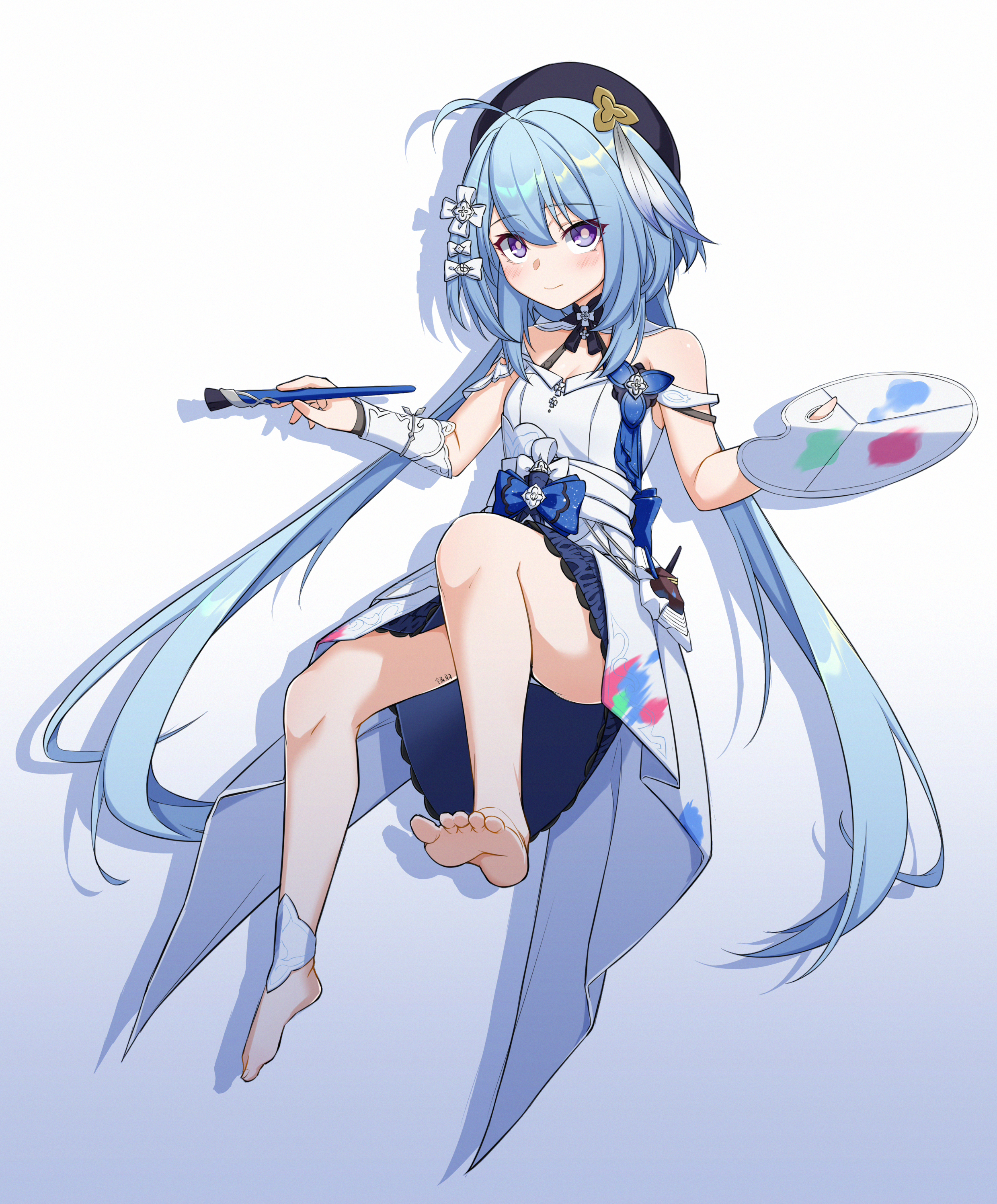 yinyu (yinyu1999), griseo, griseo (starry impression), honkai (series), honkai impact 3rd, absurdres, chinese commentary, commentary request, highres, 1girl, barefoot, beret, blue hair, dress, feet, hat, holding, holding paint palette, holding paintbrush, long hair, paint palette, paintbrush, purple eyes, simple background, soles, toes, very long hair, white background, white dress