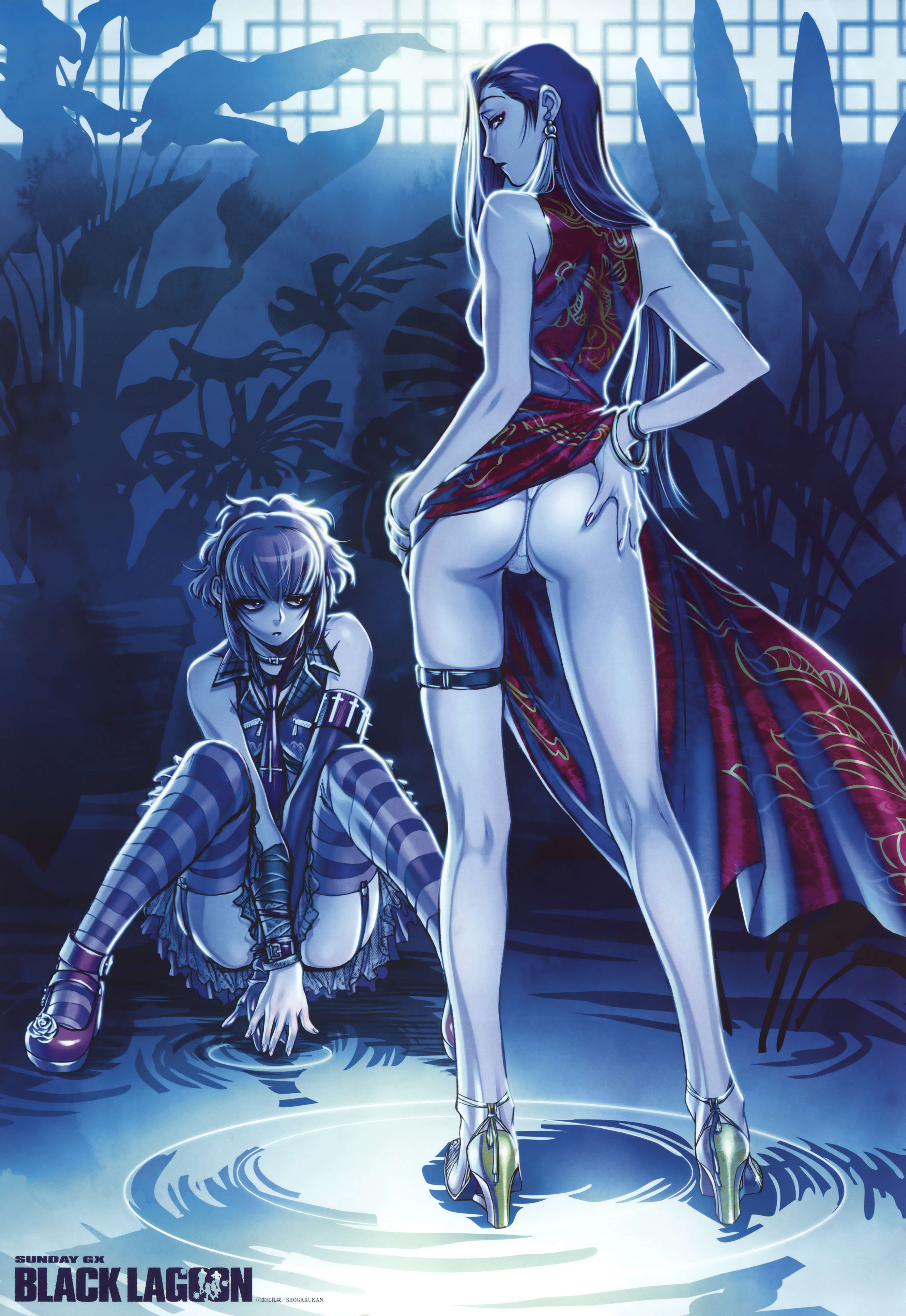 hiroe rei, frederica sawyer, shenhua, black lagoon, striped, striped legwear, absurdres, highres, 2girls, ass, back, bare shoulders, bracelet, china dress, chinese clothes, earrings, elbow gloves, garter straps, gloves, hand on own hip, high heels, jewelry, legs, long hair, looking back, multiple girls, open shoes, panties, ripples, shoes, sitting, skirt, standing, thigh strap, thighhighs, thong, underwear, water