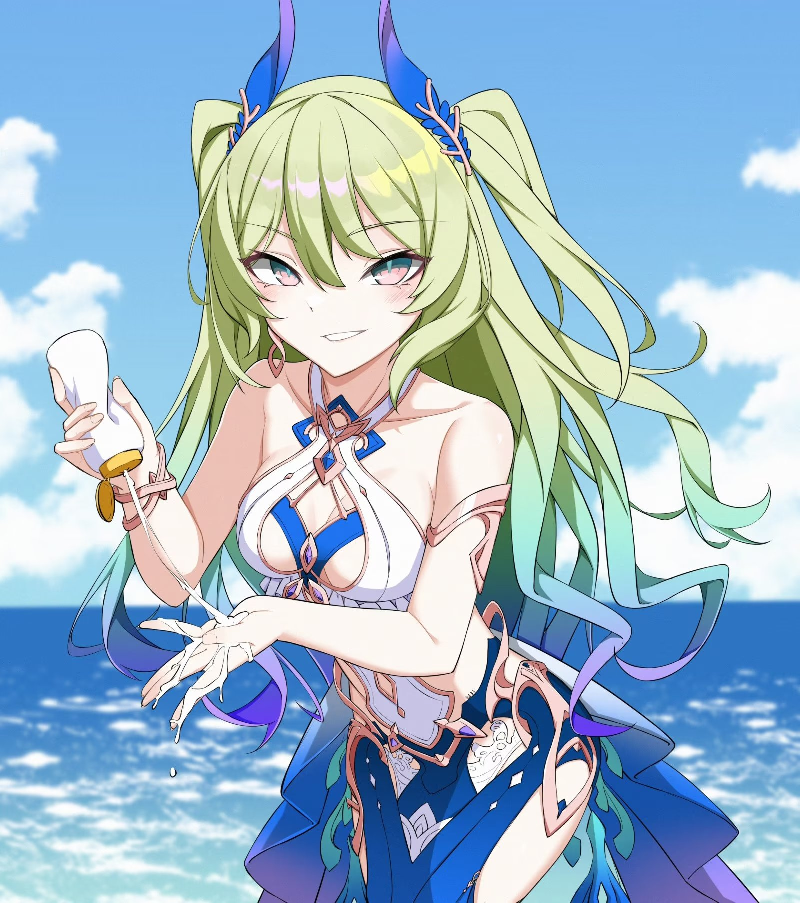 yinyu (yinyu1999), mobius (daughter of corals) (honkai impact), mobius (honkai impact), honkai (series), honkai impact 3rd, chinese commentary, commentary request, highres, 1girl, applying sunscreen, blue horns, blue sky, breasts, earrings, fake horns, green hair, grin, holding sunscreen, horns, jewelry, long hair, mermaid costume, ocean, official alternate costume, official alternate hairstyle, outdoors, sky, slit pupils, small breasts, smile, solo, twintails, very long hair