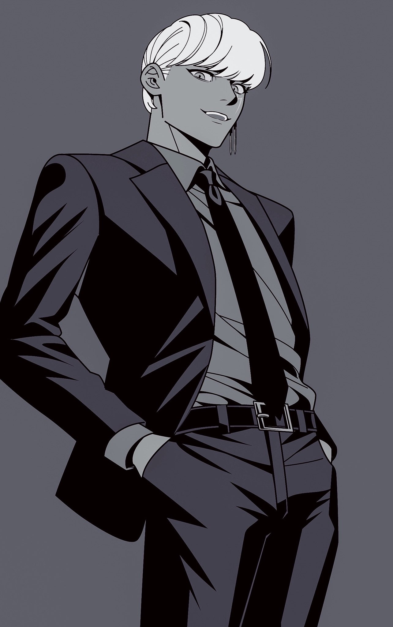 ujiharu, indra (fate), fate/grand order, fate (series), highres, 1boy, alternate costume, belt, belt buckle, buckle, collared shirt, cowboy shot, earrings, formal clothes, grey background, hair behind ear, hands in pockets, jacket, jewelry, lapels, lightning bolt facial mark, lightning bolt symbol, long sleeves, looking at viewer, male focus, monochrome, necktie, open clothes, open jacket, open mouth, pants, shirt, short hair, simple background, single earring, smile, solo, standing, suit, teeth, upper teeth only