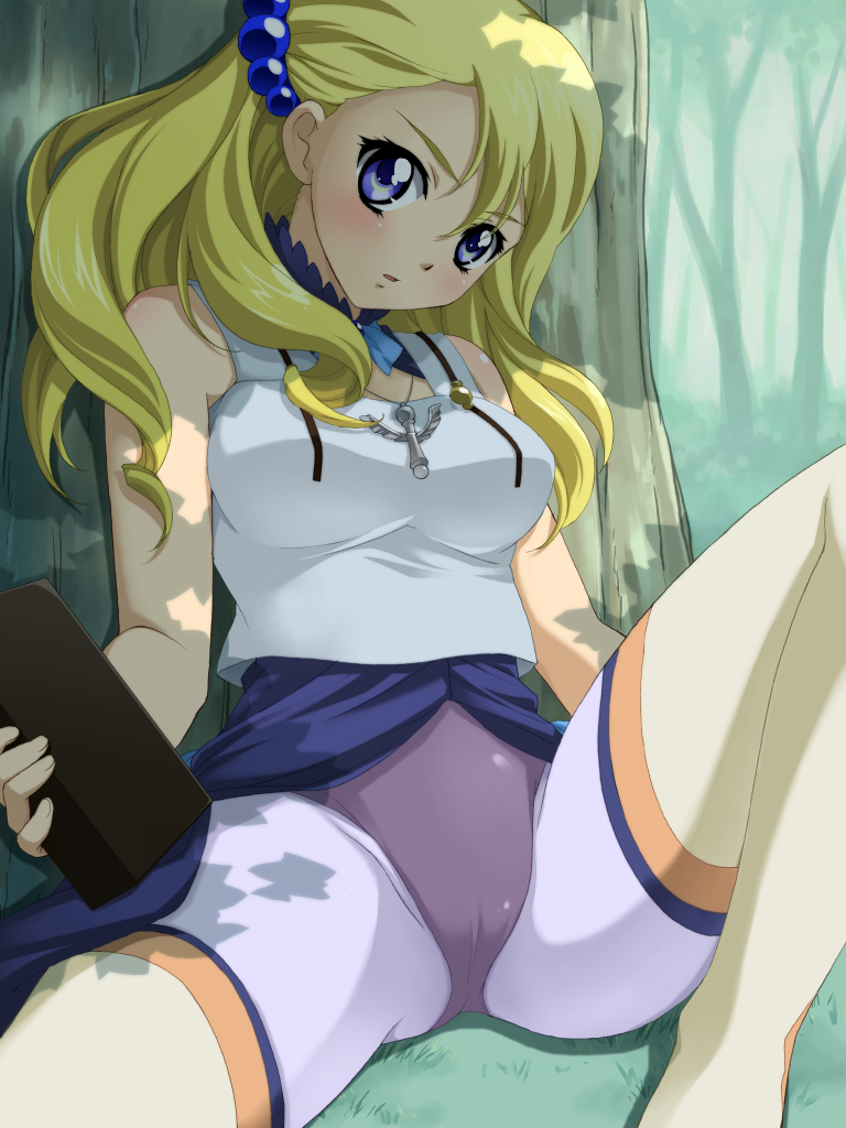 saipaco, yun (simoun), simoun, 00s, 1girl, blonde hair, blue eyes, blush, breasts, female focus, large breasts, long hair, medium breasts, panties, skirt, solo, spandex, spread legs, thighhighs, underwear, upskirt